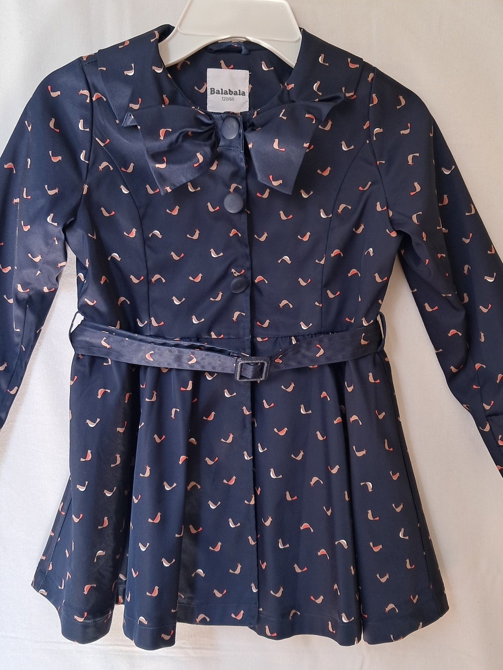 Balabala Girls Navy Blue Bird‎ Print Trench Coat with Bow and Belt Size 120/60